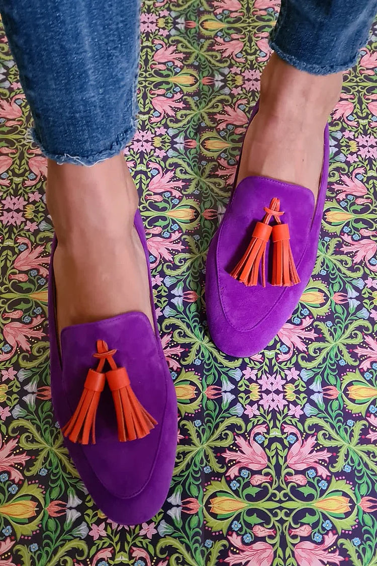 Purple loafers with tassels
