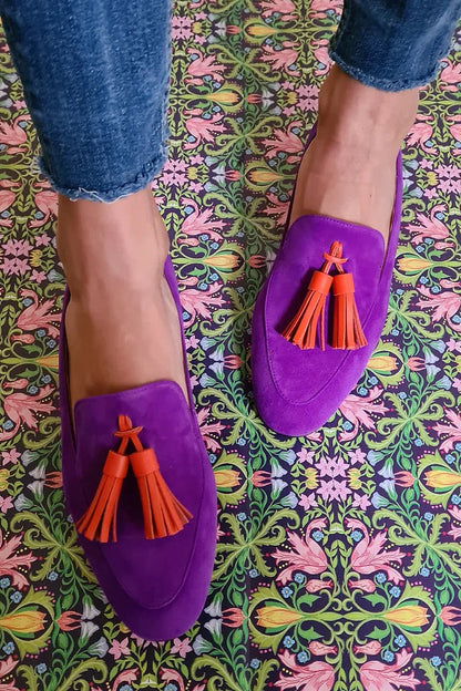 Purple loafers with tassels