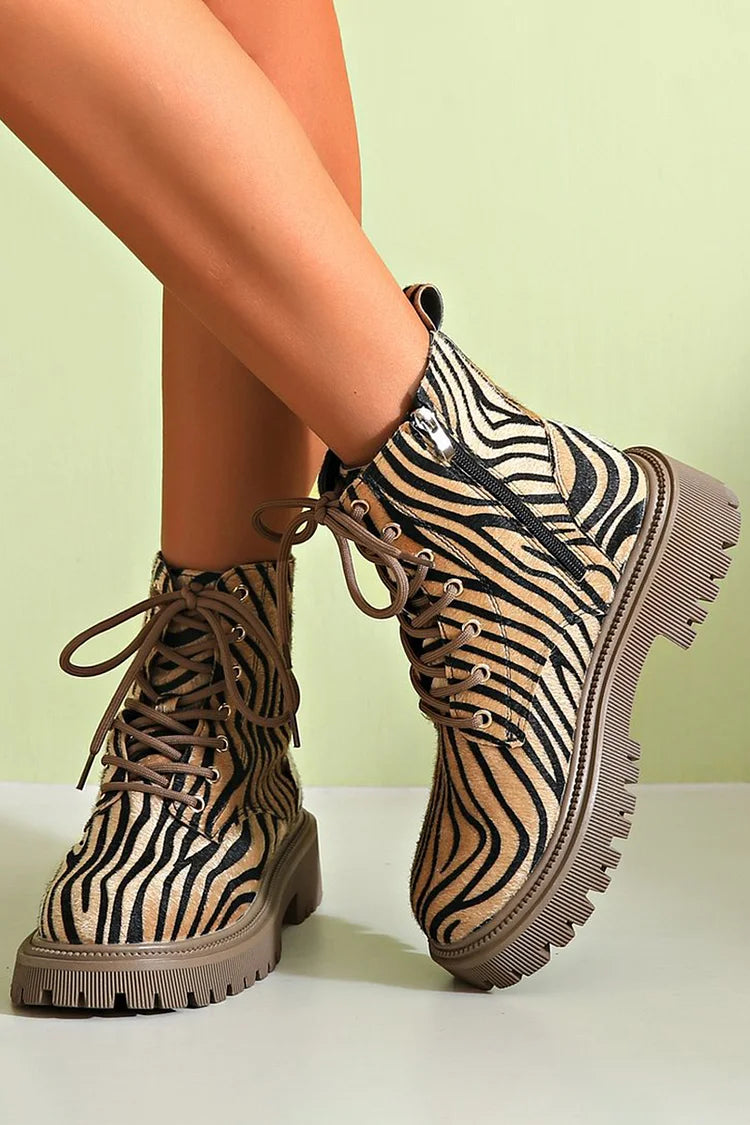 Zebra Print Lace-Up Boots