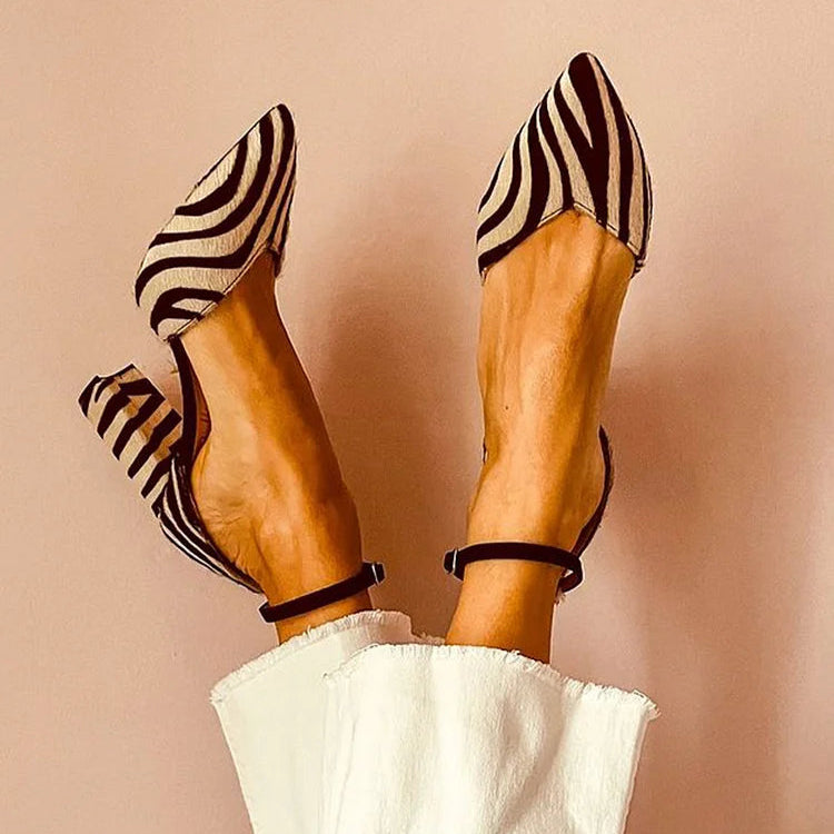 ZEBRA PRINT POINTED TOE PUMPS WITH ANKLE STRAP