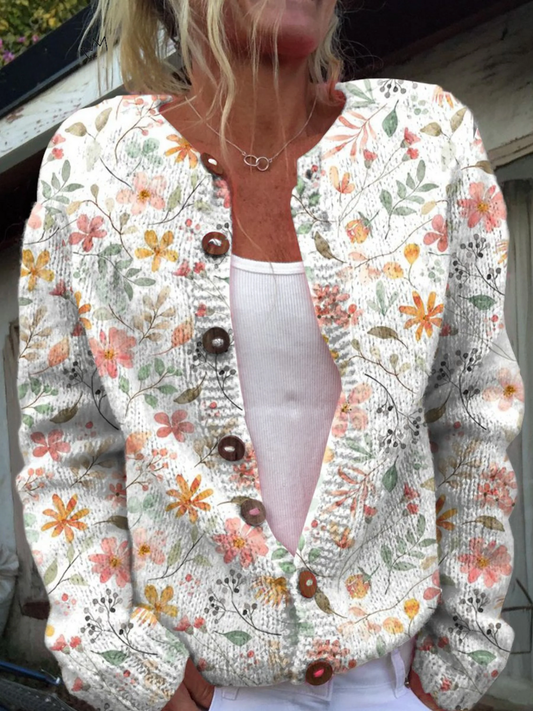 Cute and Fresh Little Flowers Print Buttoned Cardigan Sweater