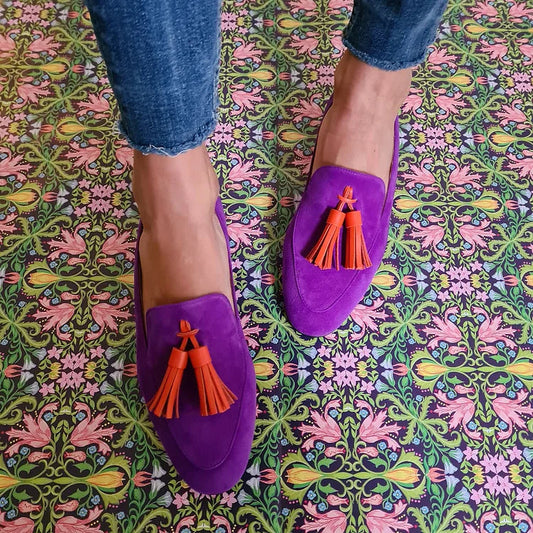 Purple loafers with tassels