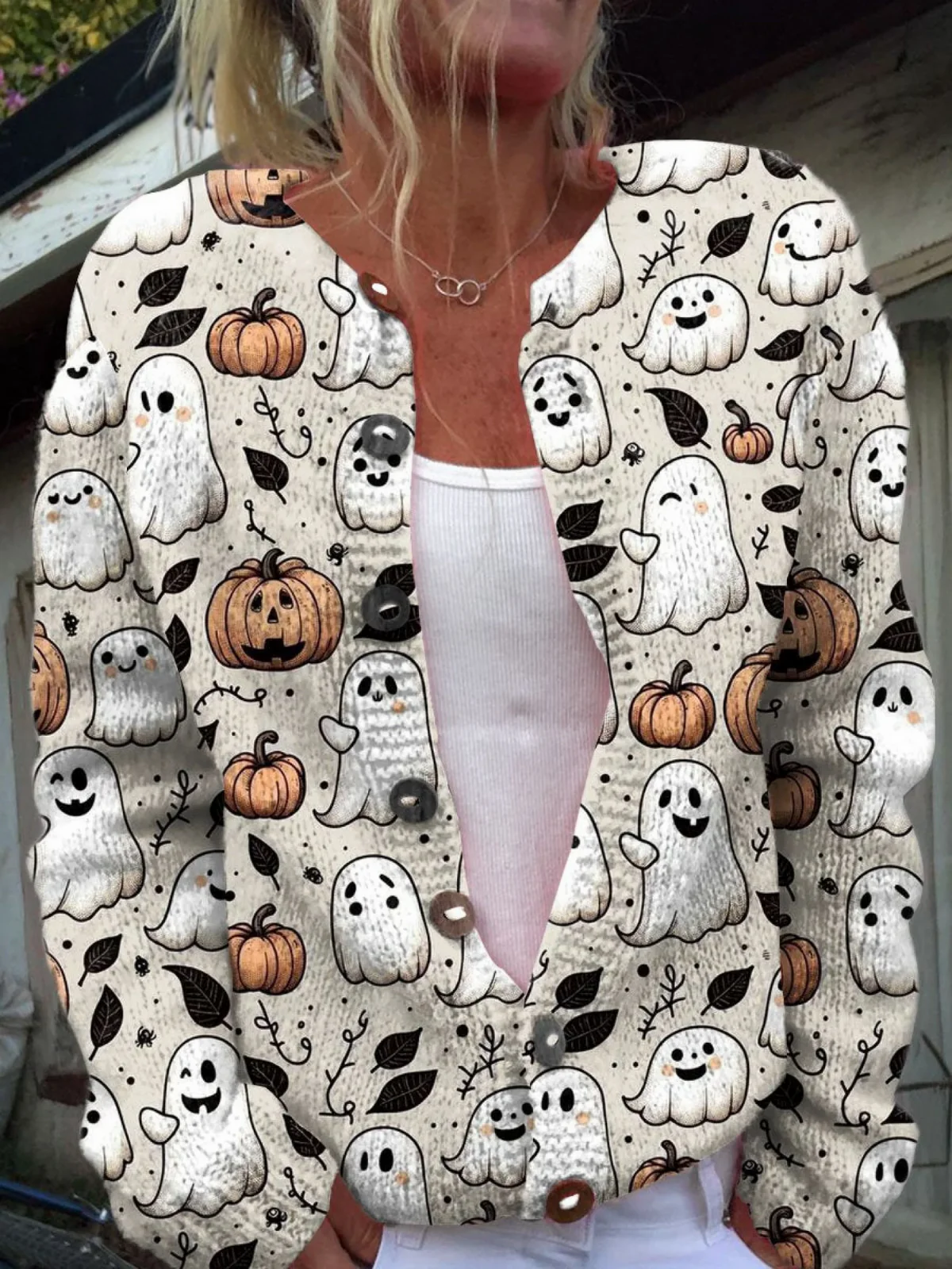 Funny Ghost Halloween Art Print Buttoned Cardigan Sweater 