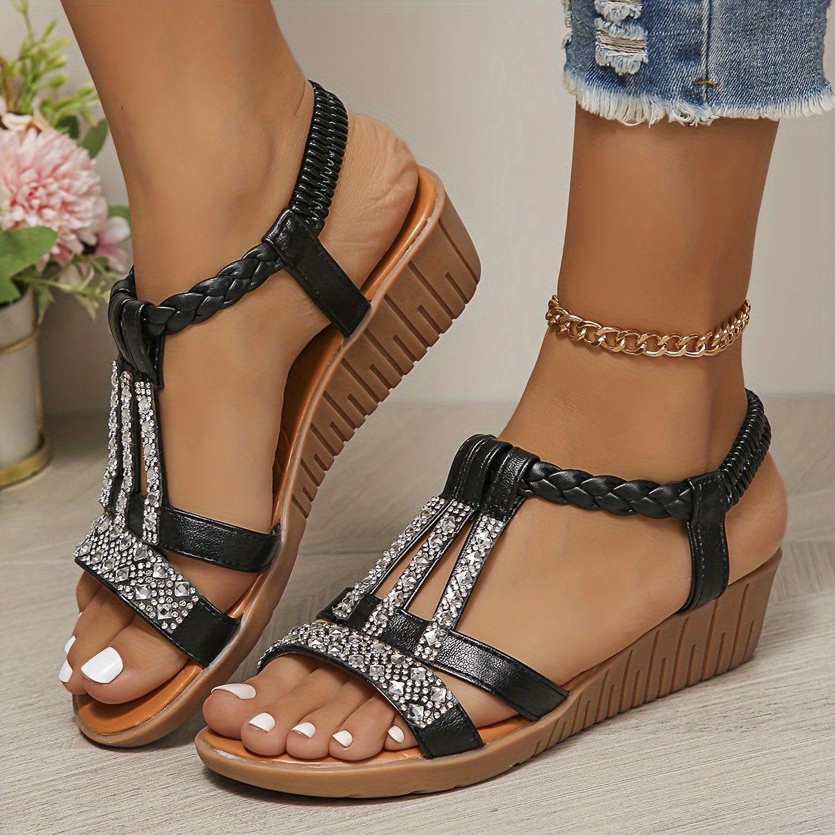 Elara™ Crystal Braided Sandals 