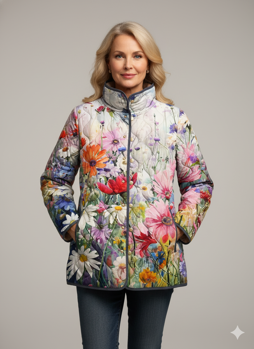 Charming Floral Print Quilted Jacket for Women - Vintage Casual Style