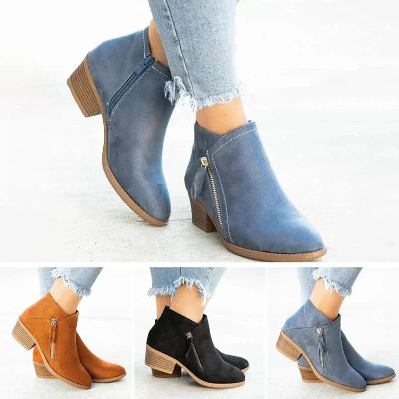 Women's Ankle Boots – Side-Zip Design with Low Heel