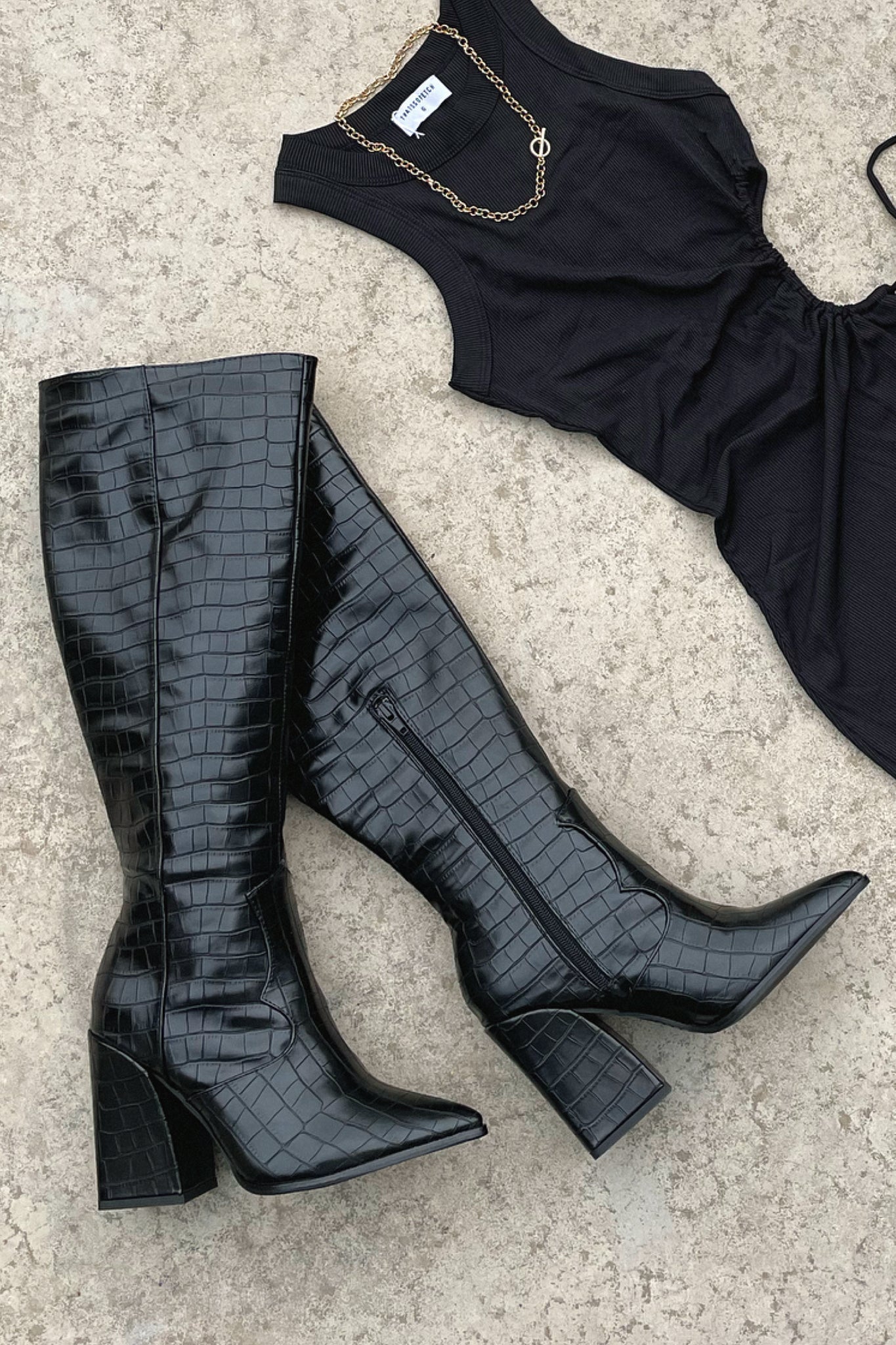 Mila™ Black Croc Knee-High Boots